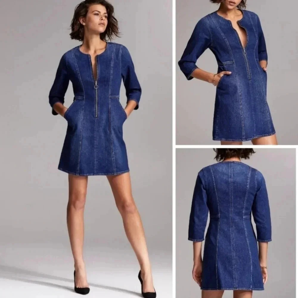 Aritzia Denim Forum Women's Front Zipper Denim Blue Jean Mini Dress Size 4.